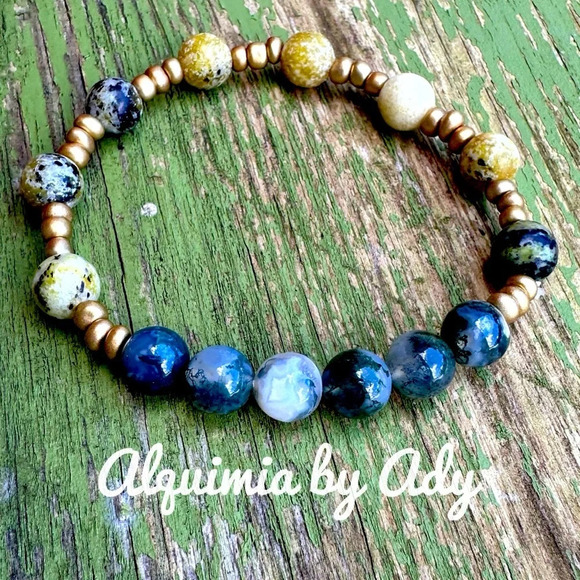 Yellow Turquoise and big green agate beaded bracelet for women/ colorful summer - Picture 1 of 6